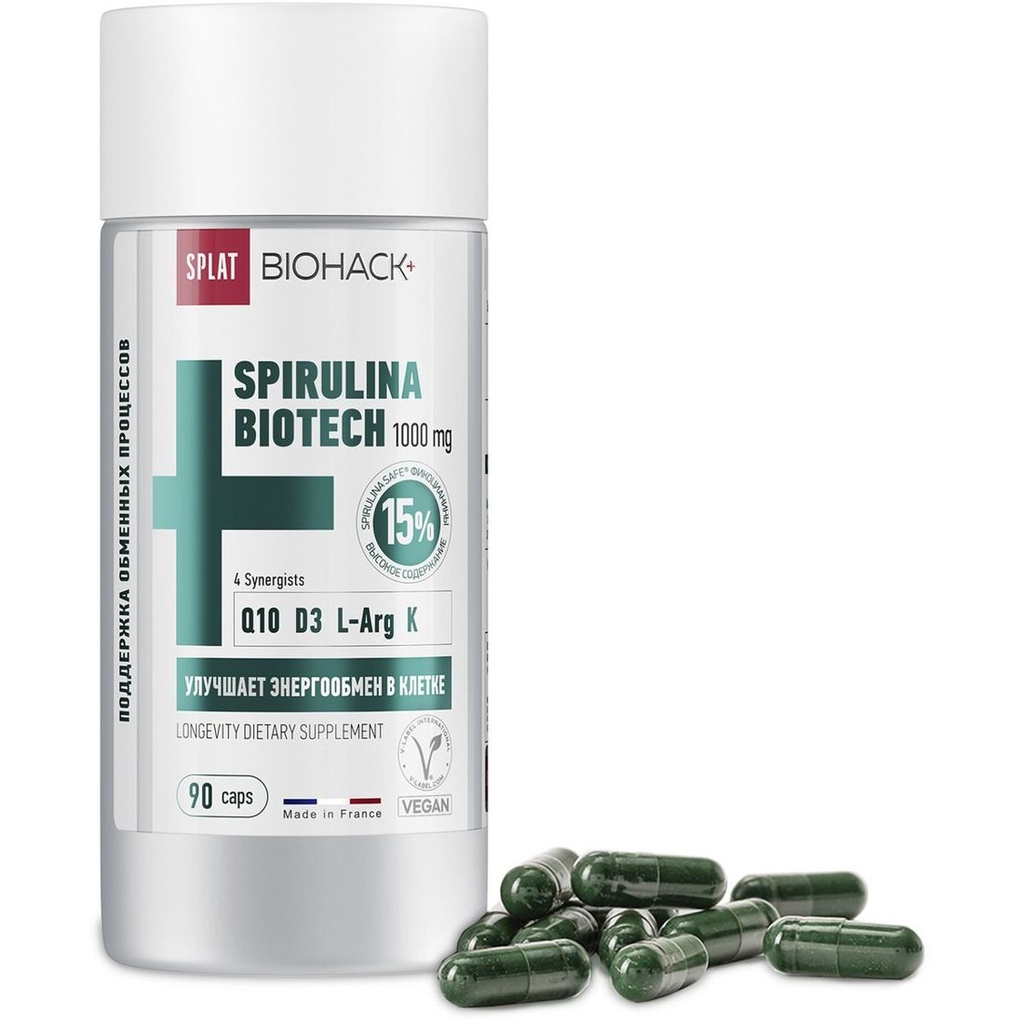 Biohack+ Spirulina Biotech 1000 mg with CoQ10, D3, L-Arginine, Potassium, 90 capsules